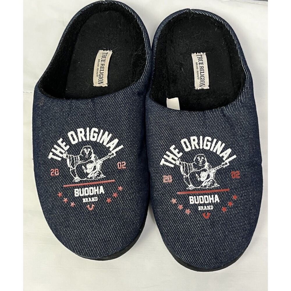 True Religion Mens Size M 9-10 Black Blue Slip On Slippers Original Buddah